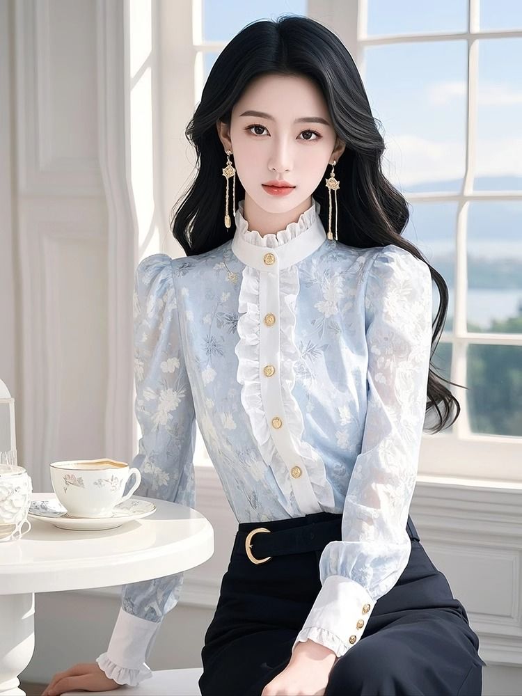 Winter Clothing Trends 2025 - Blue Floral Chiffon Shirt with Ears